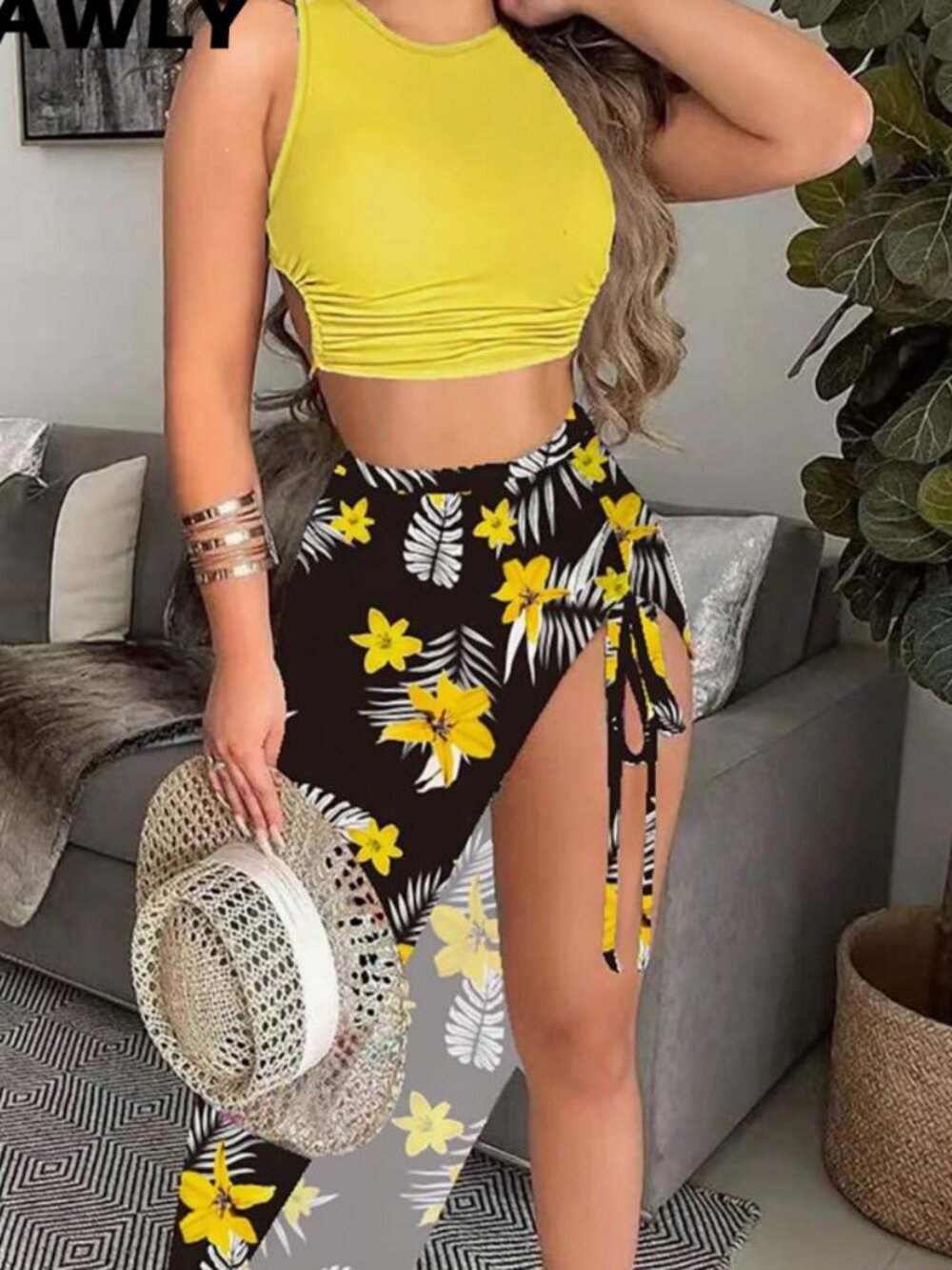 SHEIN Black Asymmetrical Side-Tie Mini Skirt with Yellow Floral Print Sz XS